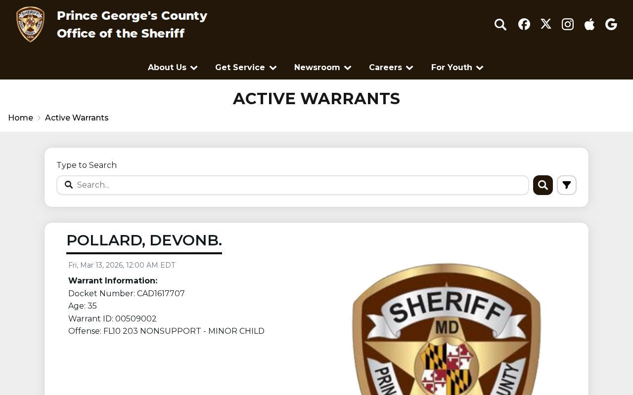 Prince George’s County Sheriff Active Warrant Database