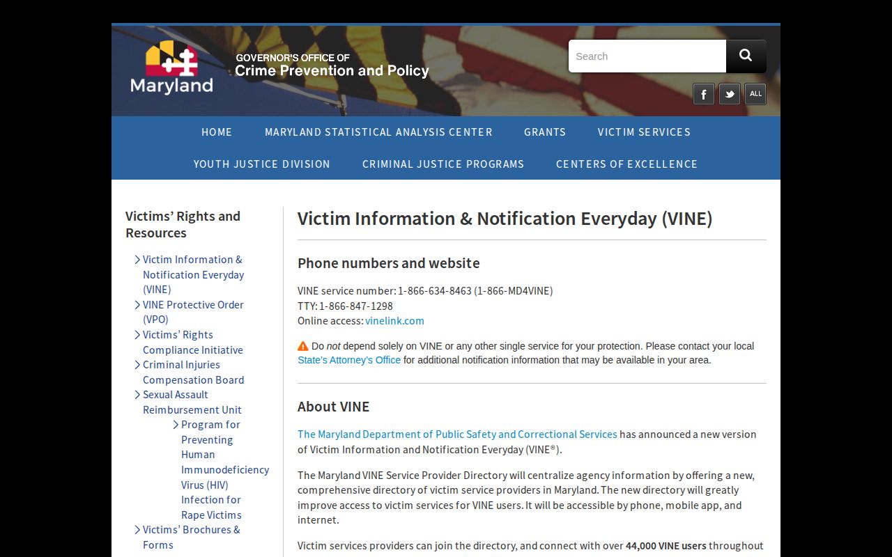Maryland VINE victim services information page