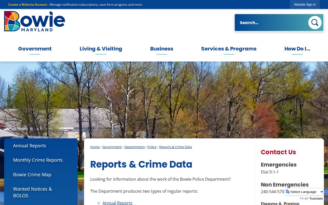 Bowie Police reports and crime data webpage