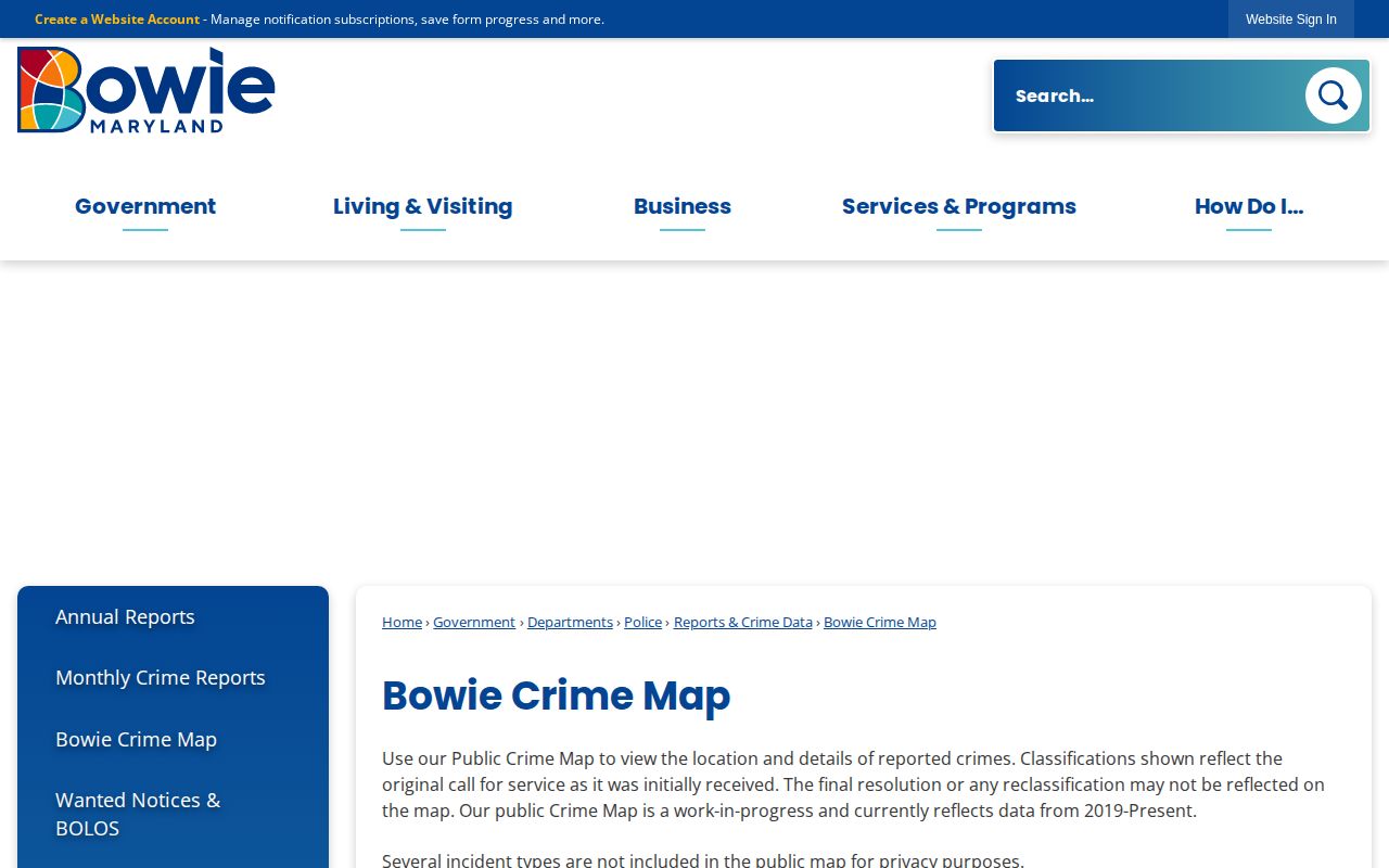 Official City of Bowie crime map information page