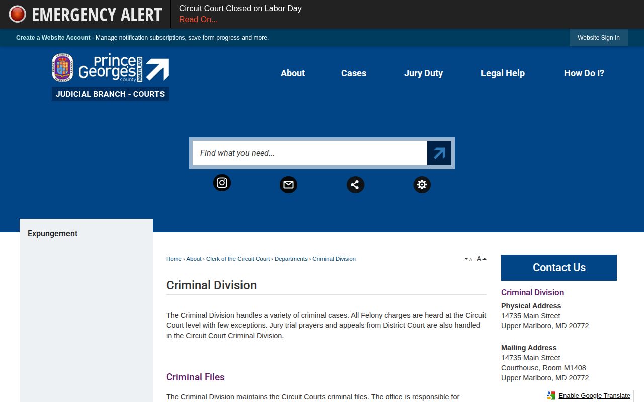 Prince George’s County Circuit Court Criminal Division information page