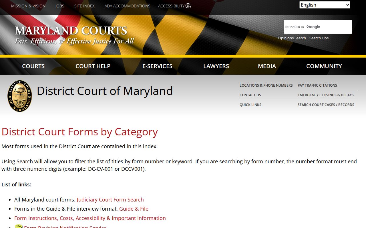 Maryland District Court forms page with expungement materials