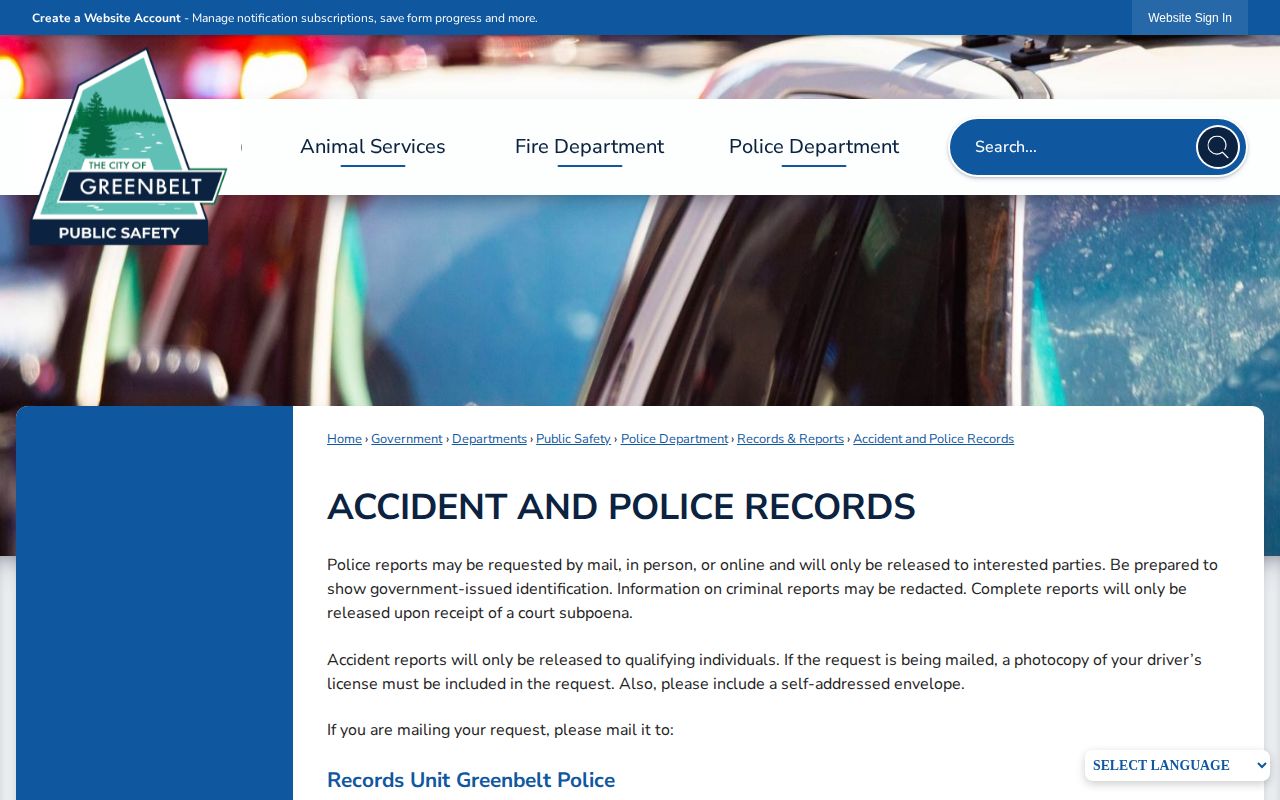 Greenbelt Police accident and police records request page