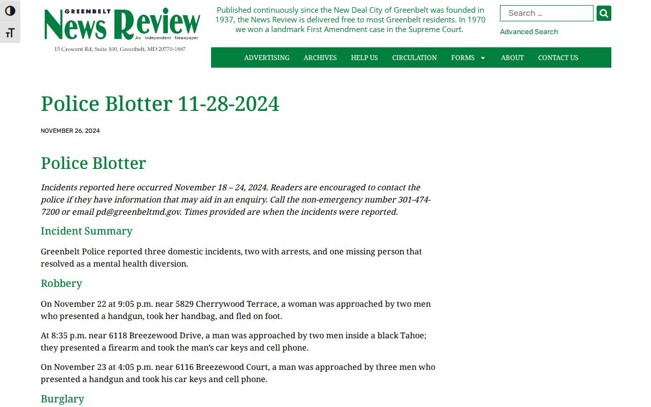 Greenbelt News Review police blotter article