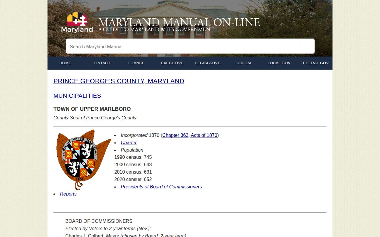 Maryland Manual Upper Marlboro municipal government entry